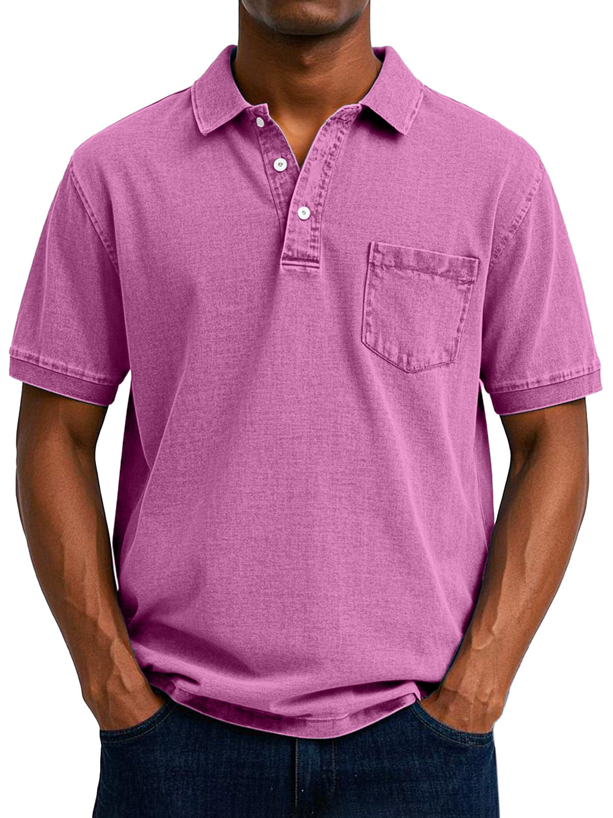 Men's hip-length denim polo shirt with button placket and short sleeves