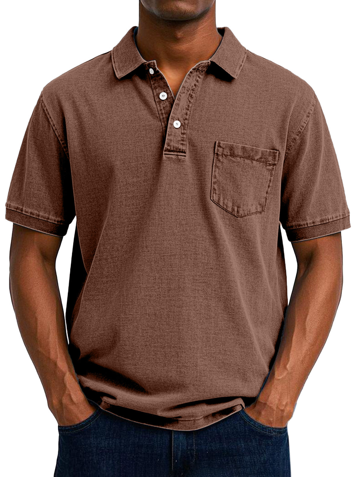 Men's denim polo shirt with classic polo collar, chest pocket, and straight hem