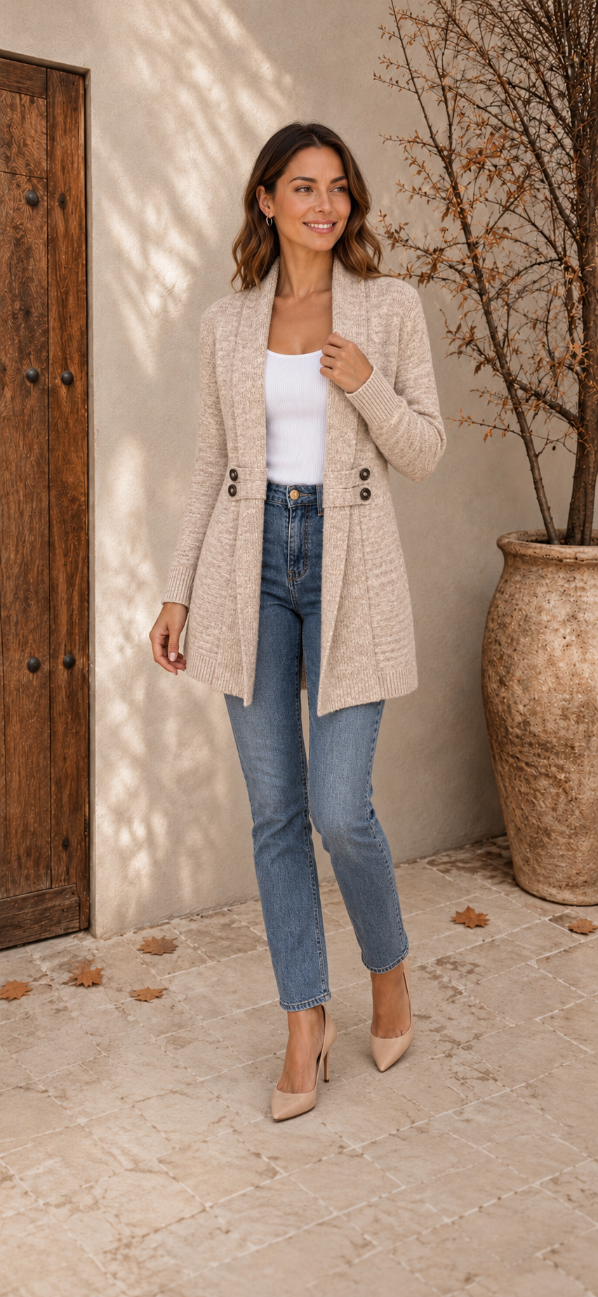 Khaki long knit cardigan with shawl collar for women