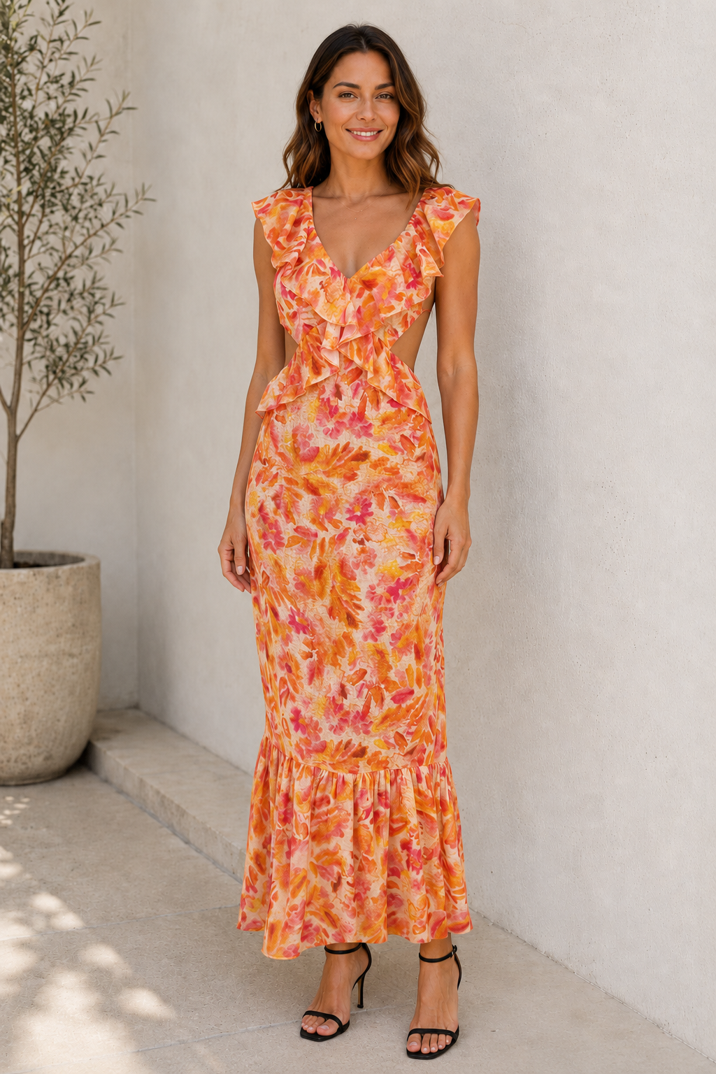 Women's Orange Ruffle V-Neck Maxi Dress