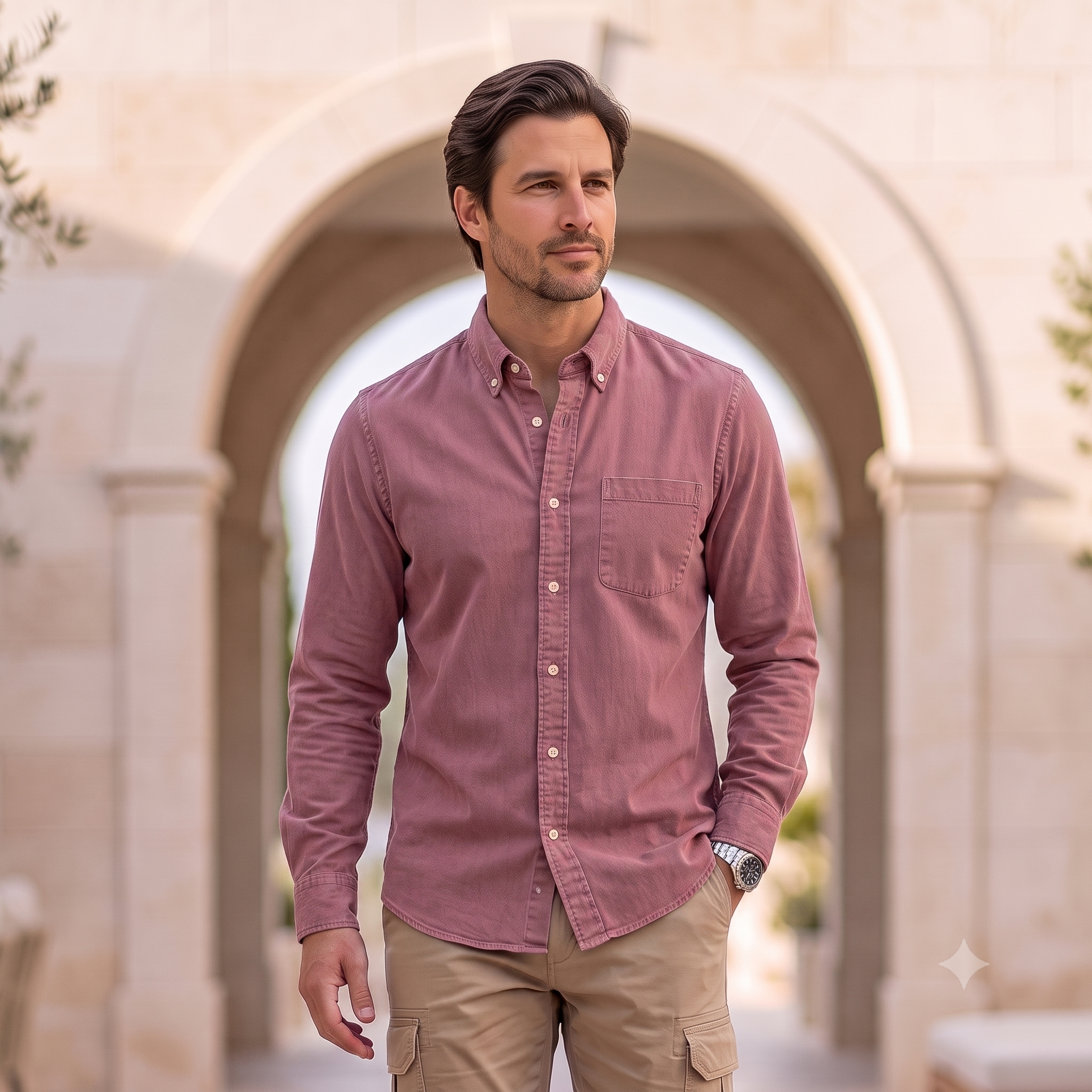 Men's long-sleeve denim shirt with button cuffs, rounded hem, and a chest pocket