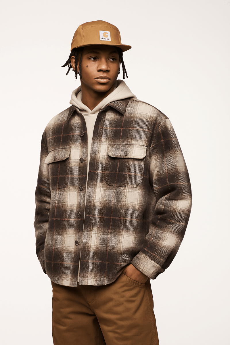 Men's plaid flannel overshirt with long sleeves, button front, and chest pockets