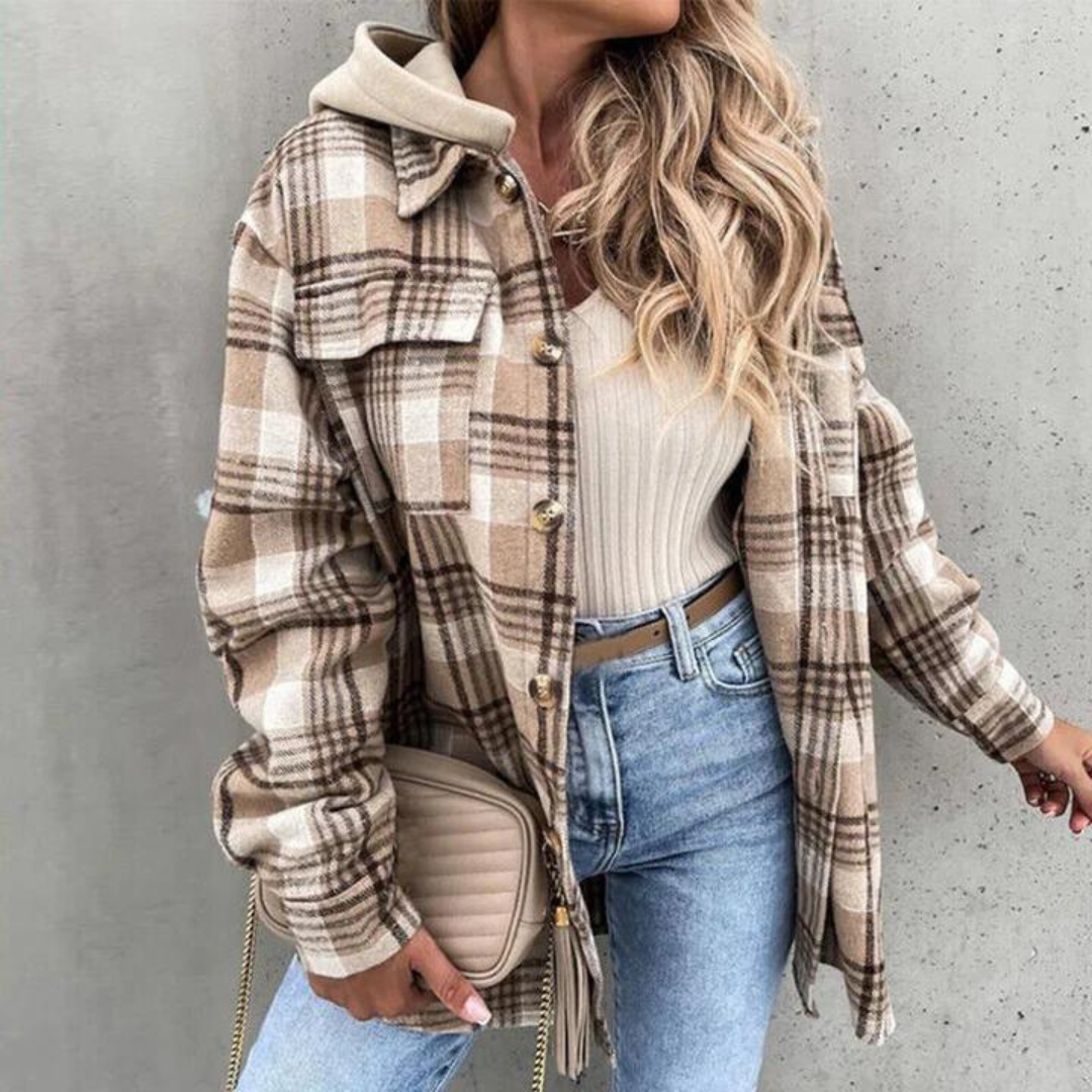 Women's plaid overshirt jacket with button closure and shirt collar, relaxed fit front view