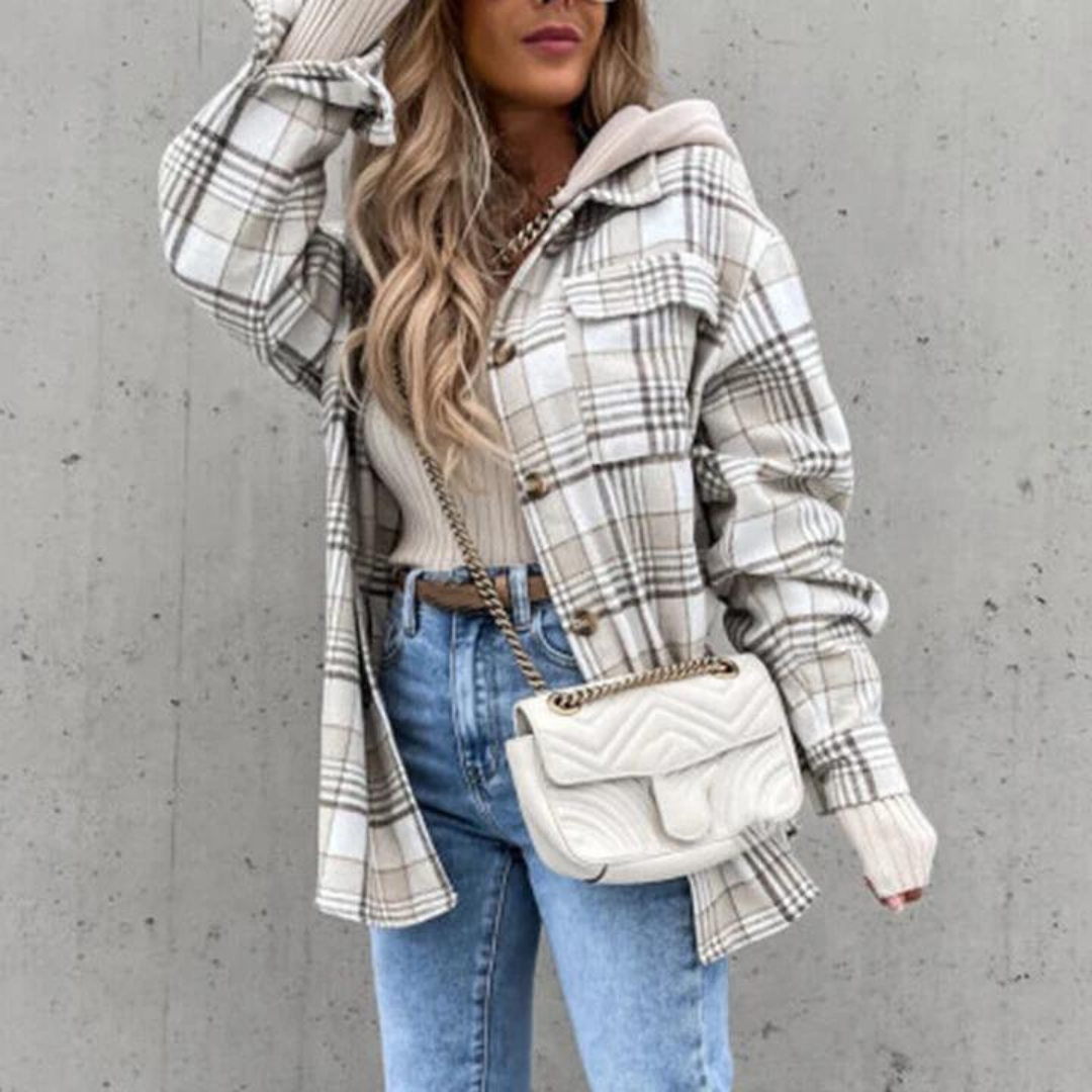 Plaid overshirt jacket layered outfit styling, women's autumn winter casual look