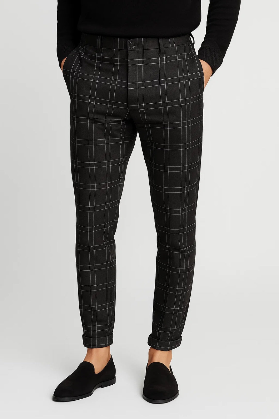 Men's slim-fit plaid pants in a full-length tapered cut with a mid-rise waist and structured woven fabric