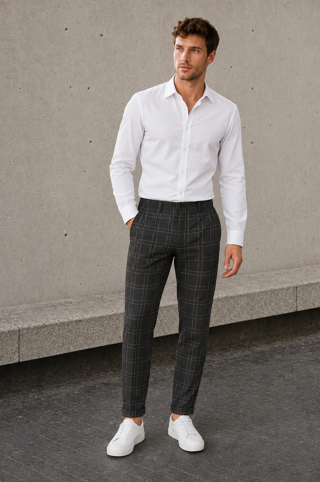 Men's slim-fit plaid pants in a full-length tapered cut with a mid-rise waist and structured woven fabric