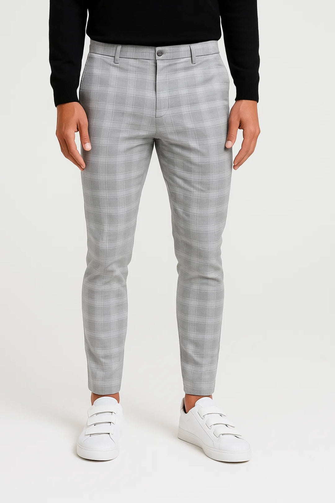 Men's slim-fit plaid pants with tapered legs, mid-rise waist, and an all-over woven plaid pattern
