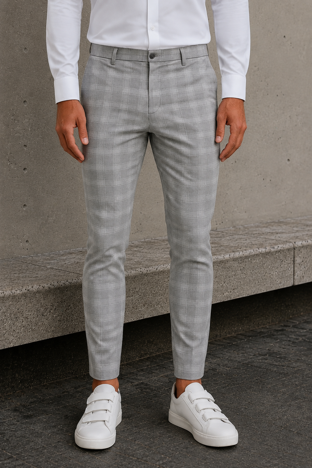 Men's slim-fit plaid pants with tapered legs, mid-rise waist, and an all-over woven plaid pattern