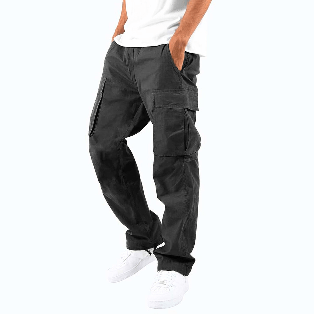 Front view of men's cargo trousers with zip fly and button closure