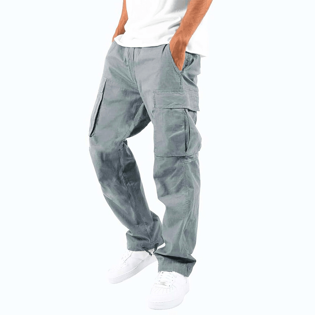 Back view of men's cargo trousers with back pockets and relaxed silhouette