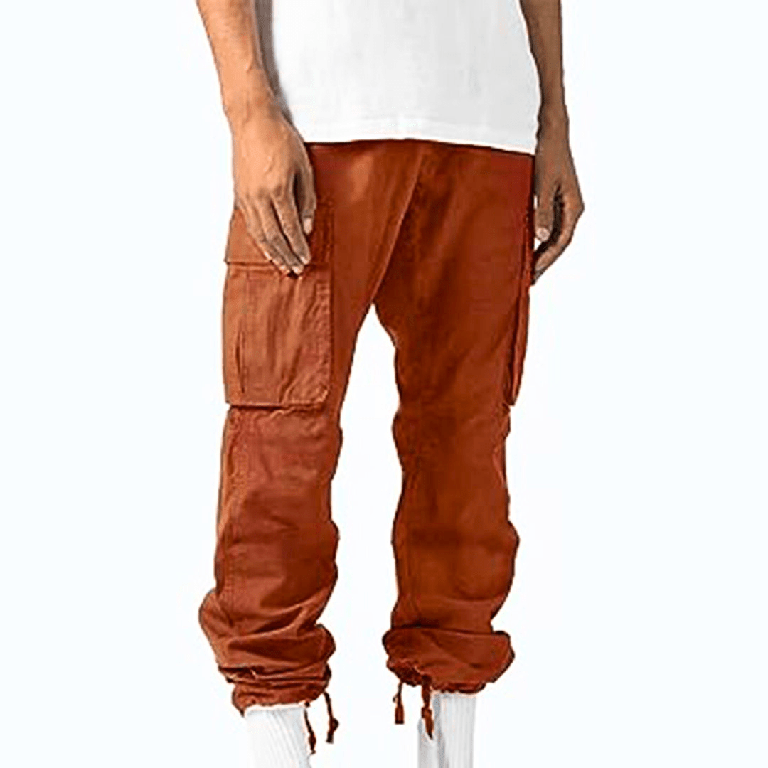 Men's cargo trousers laid flat – available in sizes 36 to 48, multiple colors