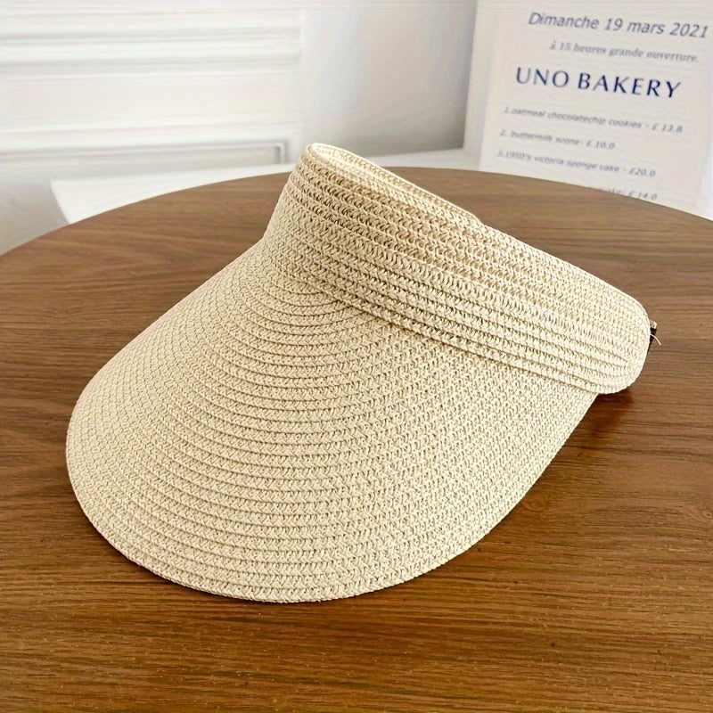 Women's woven sun visor with structured wide brim and open-top design, adjustable fit
