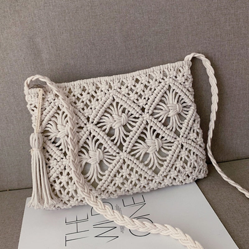 Women's handmade woven shoulder bag with braided strap