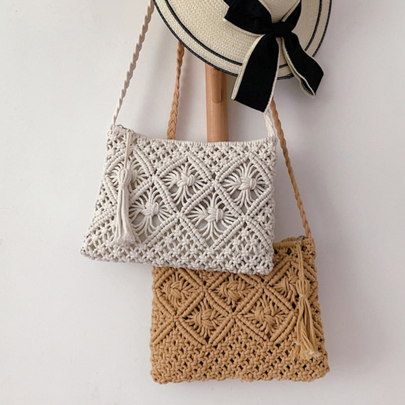 Woven textile shoulder bag with decorative pattern and braided strap