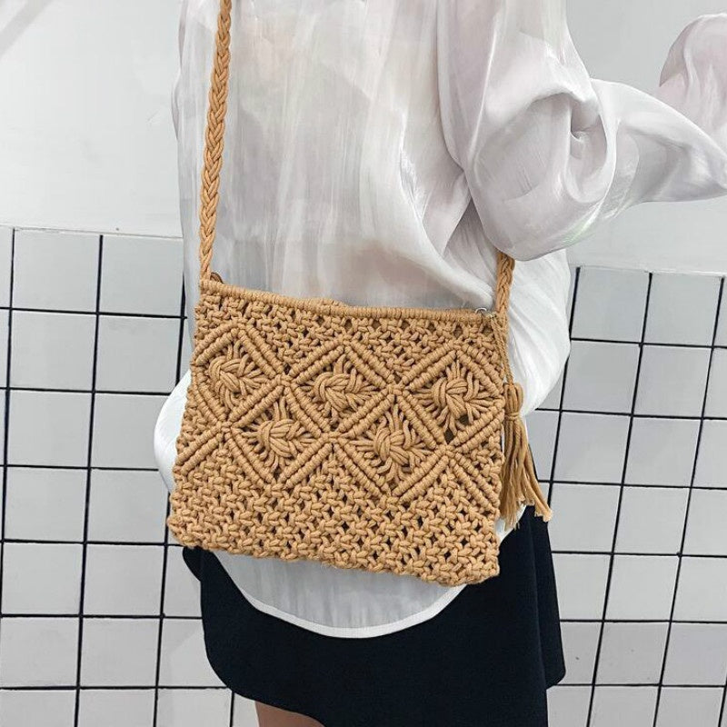 Lightweight woven shoulder bag with patterned textile and braided strap