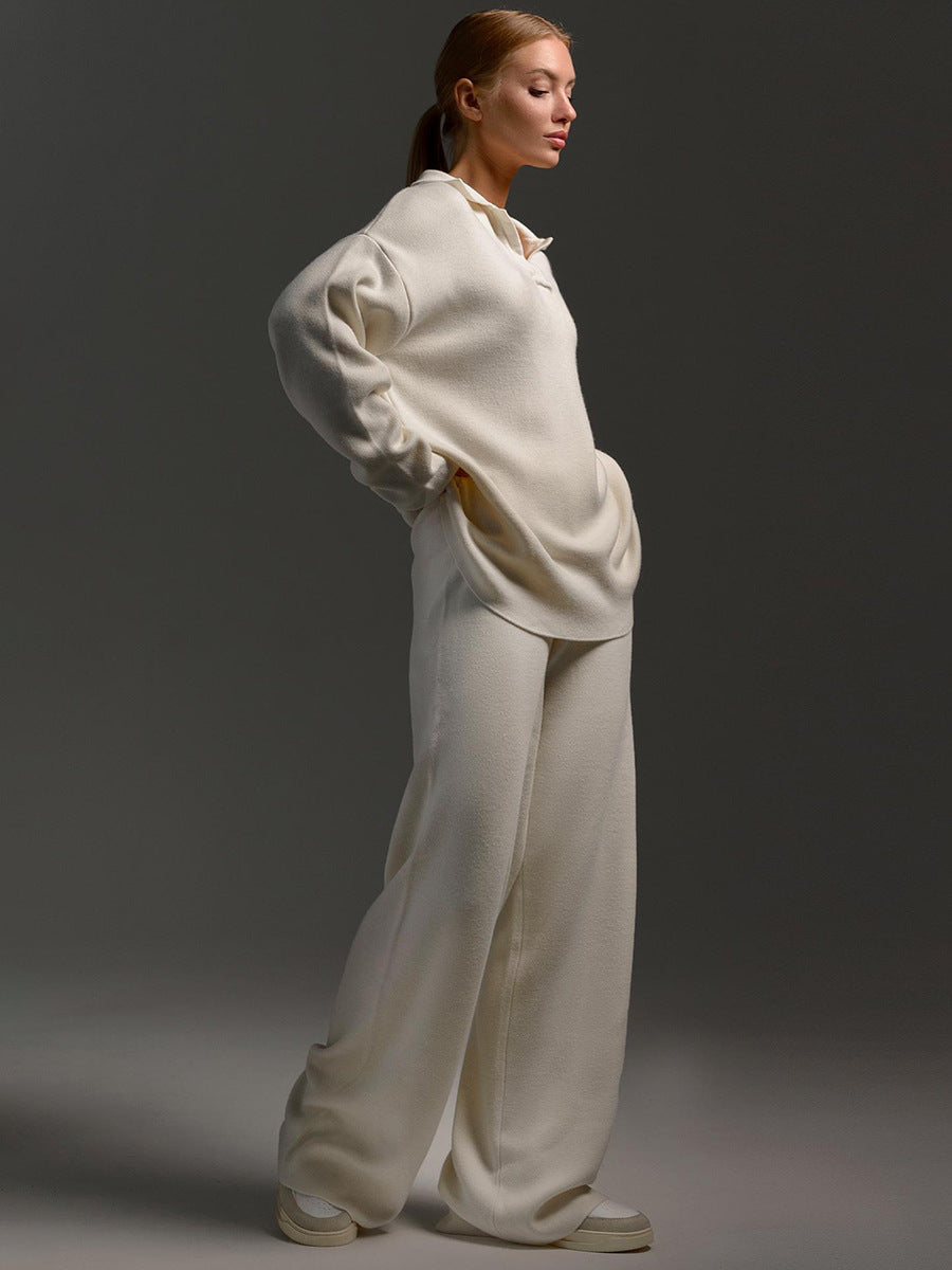 Women's relaxed-fit knitted lounge set with long-sleeved top and wide-leg trousers, front view