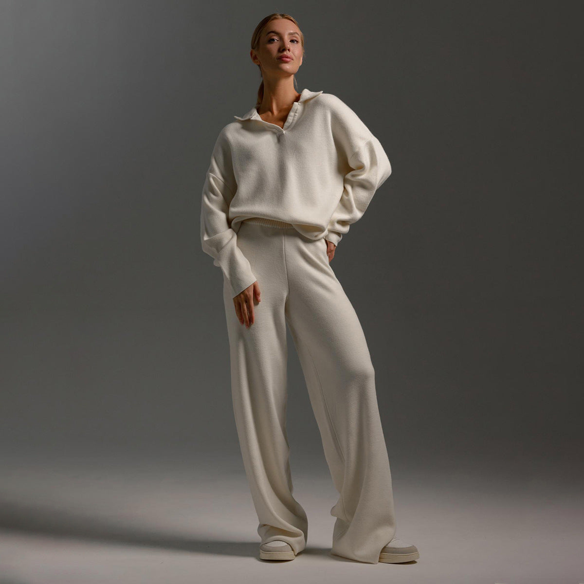 Women's cozy knitted two-piece lounge set with wide-leg pants, back view
