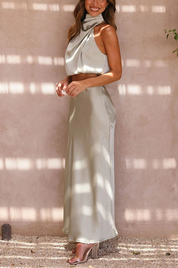 Women's formal satin two-piece set with halter neckline and straight-hem maxi skirt