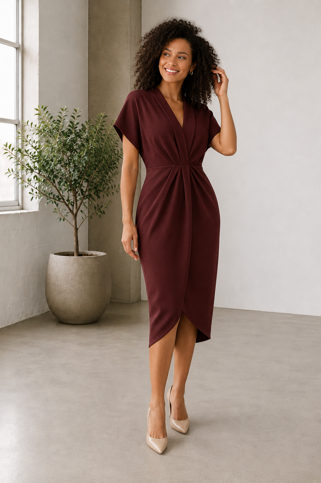 Midi dress with V-neckline, short sleeves, gathered waist, draped front construction, and front slit for women