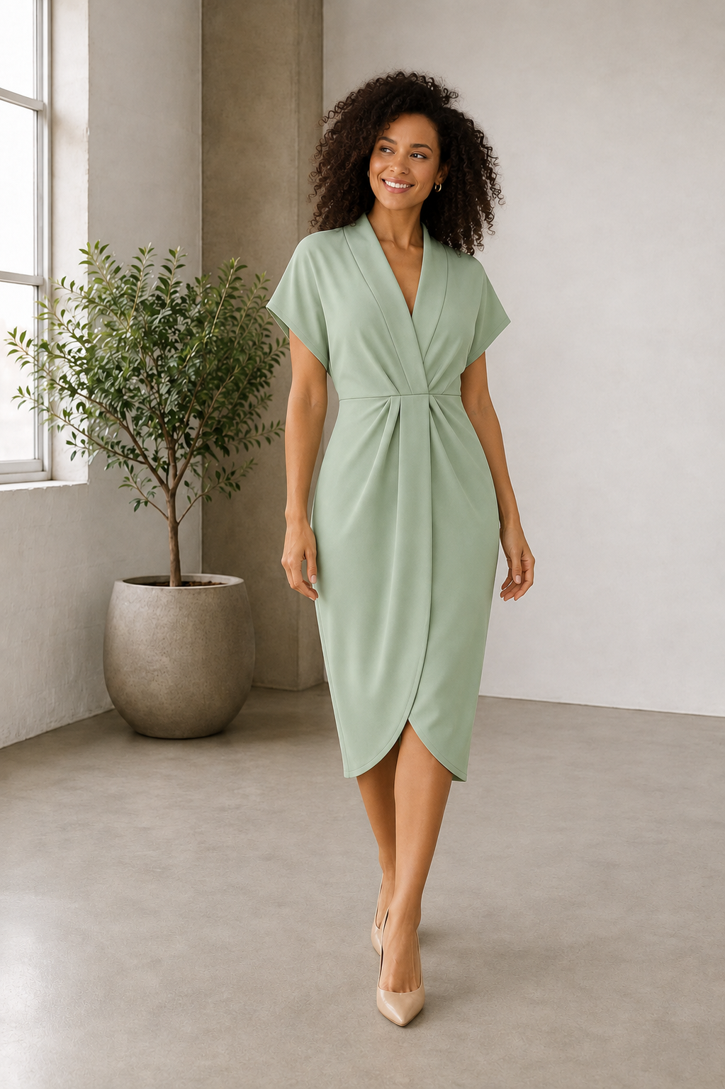 Women's woven midi dress featuring a deep V-neck, short sleeves, draped wrap-style front, and gathered waist