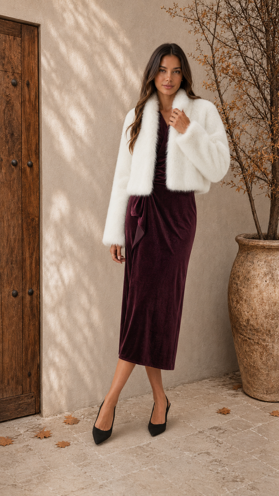 Woman wearing an off-white faux fur jacket with a burgundy skirt, standing full length indoors