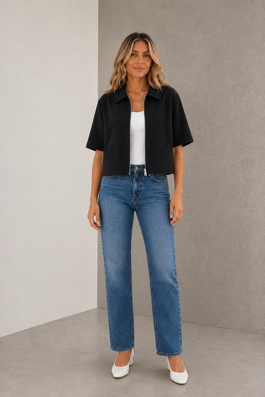 Women's black cropped zip jacket with lapel collar and short sleeves