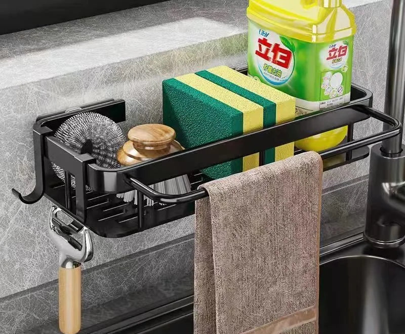 Drill-free aluminum bathroom shelf holding toiletries on wall
