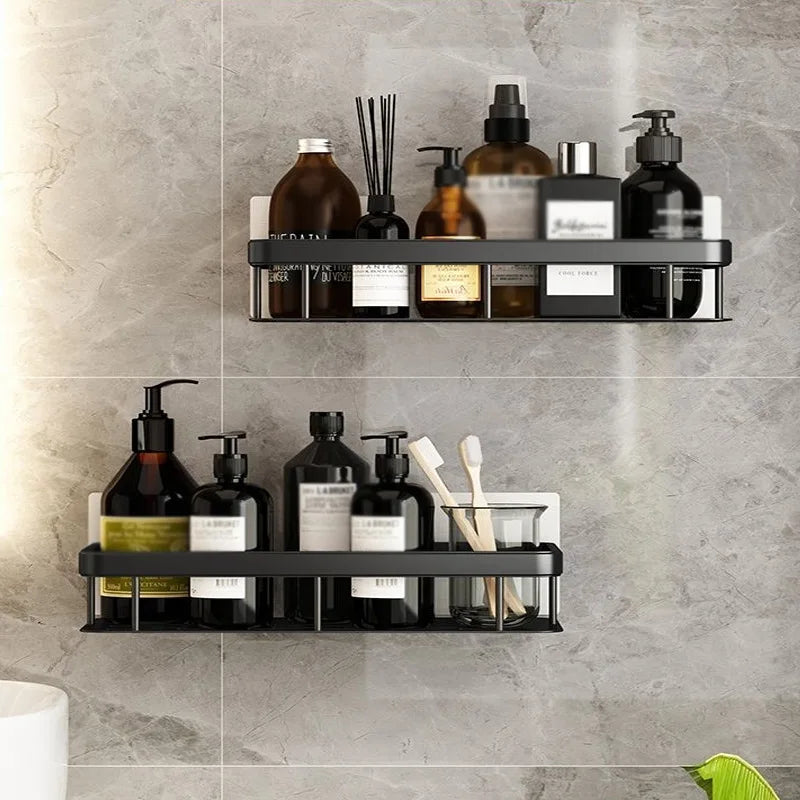 Lightweight aluminum bathroom shelf with adhesive mounting on tile