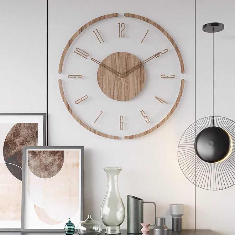 Minimalist wood wall clock with open frameless design, 30cm diameter