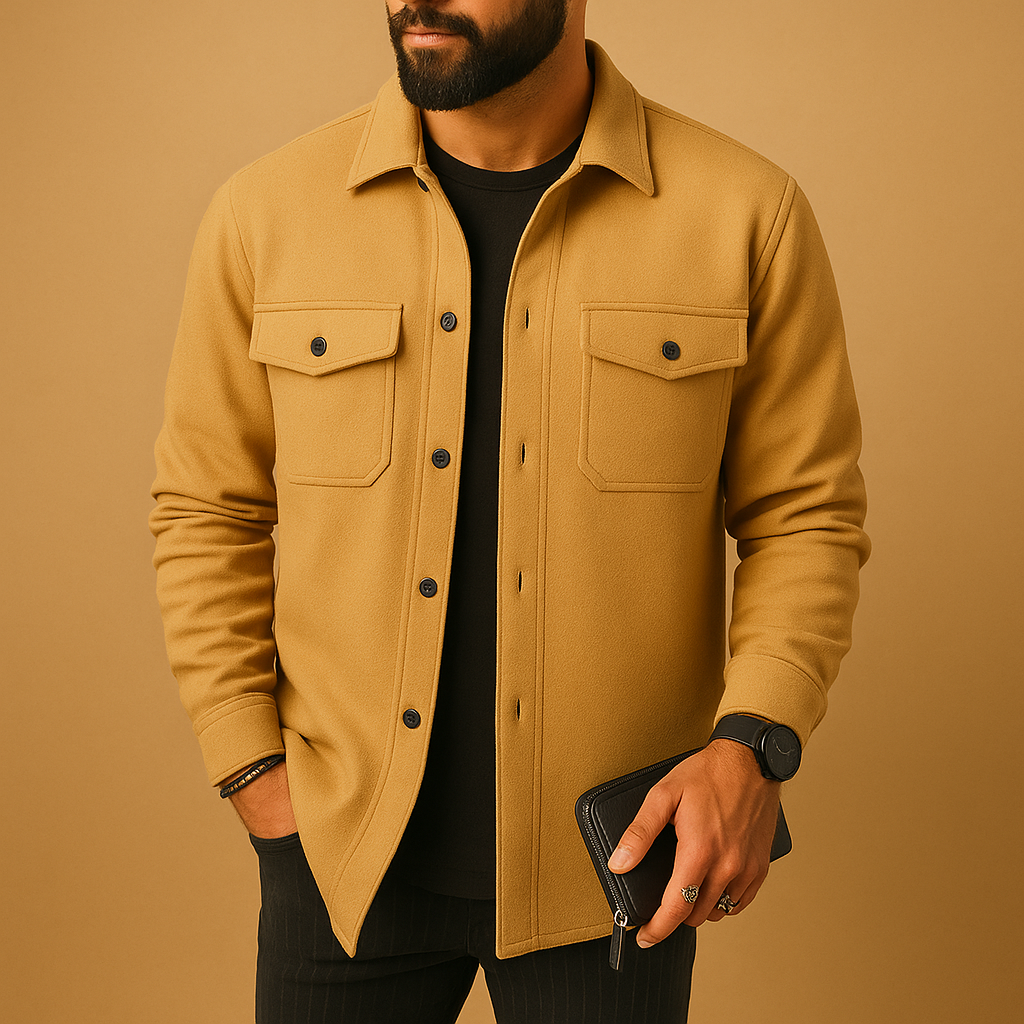 Men's button-up overshirt displayed from an alternate angle, showing regular fit and structured silhouette
