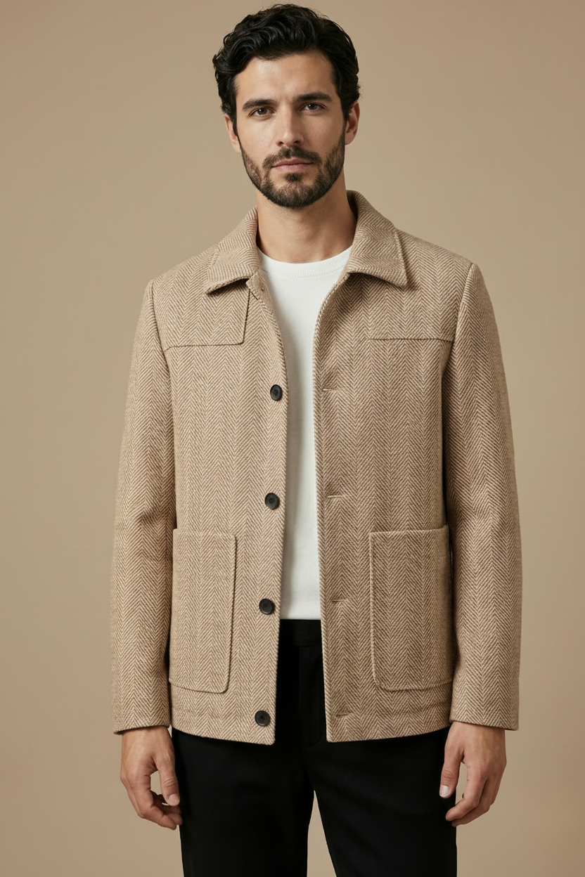 Men's textured woven jacket with button closure and classic collar