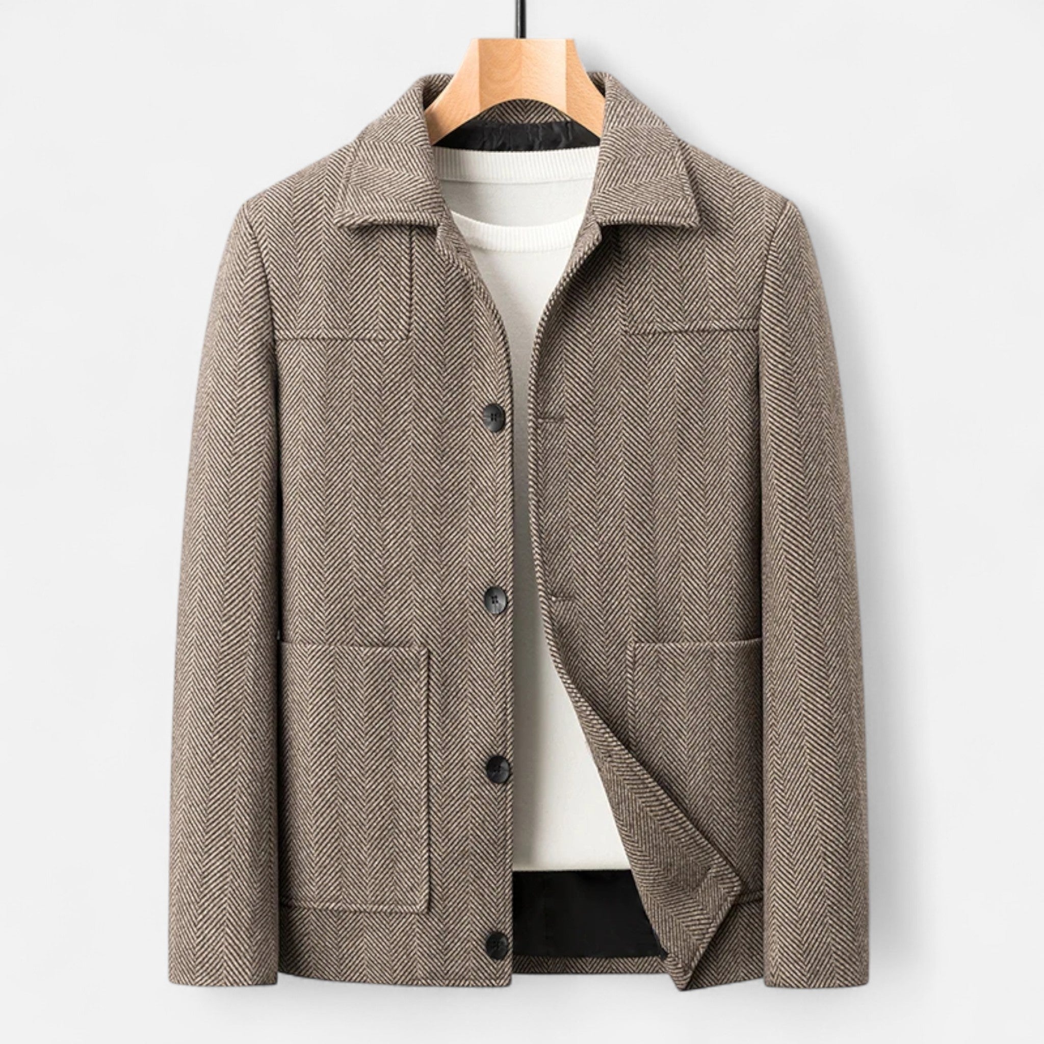 Men's woven jacket with patch pockets and button-front detail