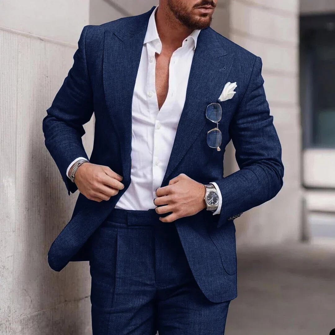 Men's slim-fit nylon blend blazer three-quarter view highlighting hip length and lapel detail