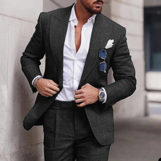 Close-up of men's nylon blend blazer notch lapel and breast pocket detail