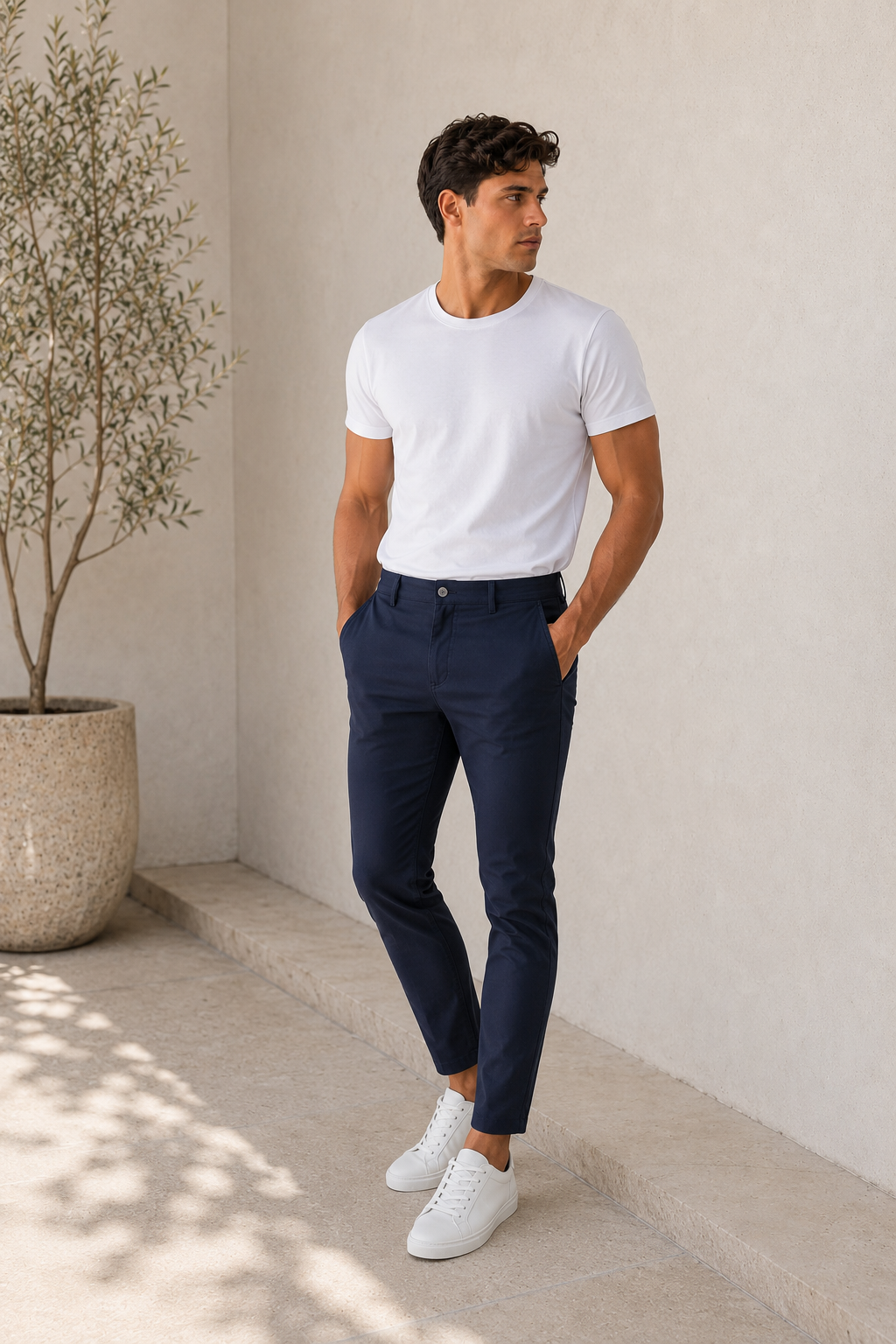 Men's slim fit trousers side view highlighting fitted waist and tapered leg cut