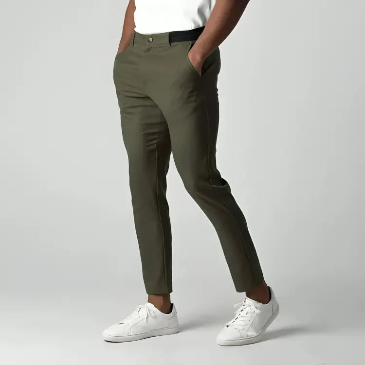 Men's slim fit chinos rear view showing clean finish and slim leg profile