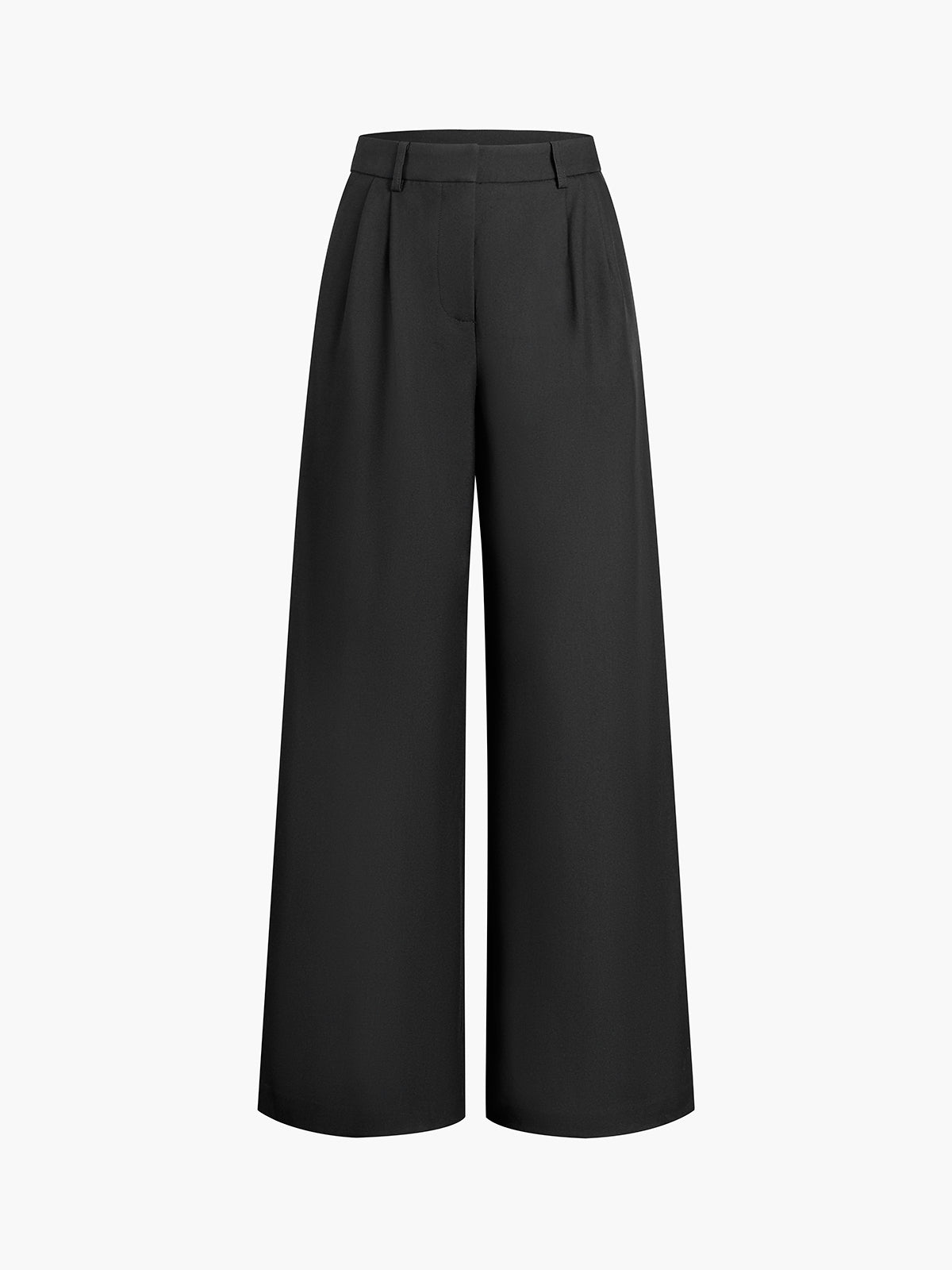 Close-up of waistband and zipper closure on women's wide-leg trousers