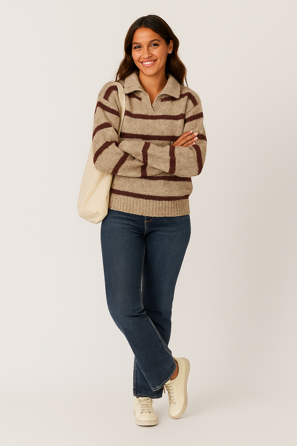 Women's striped knitted sweater with turn-down collar and relaxed fit, front view