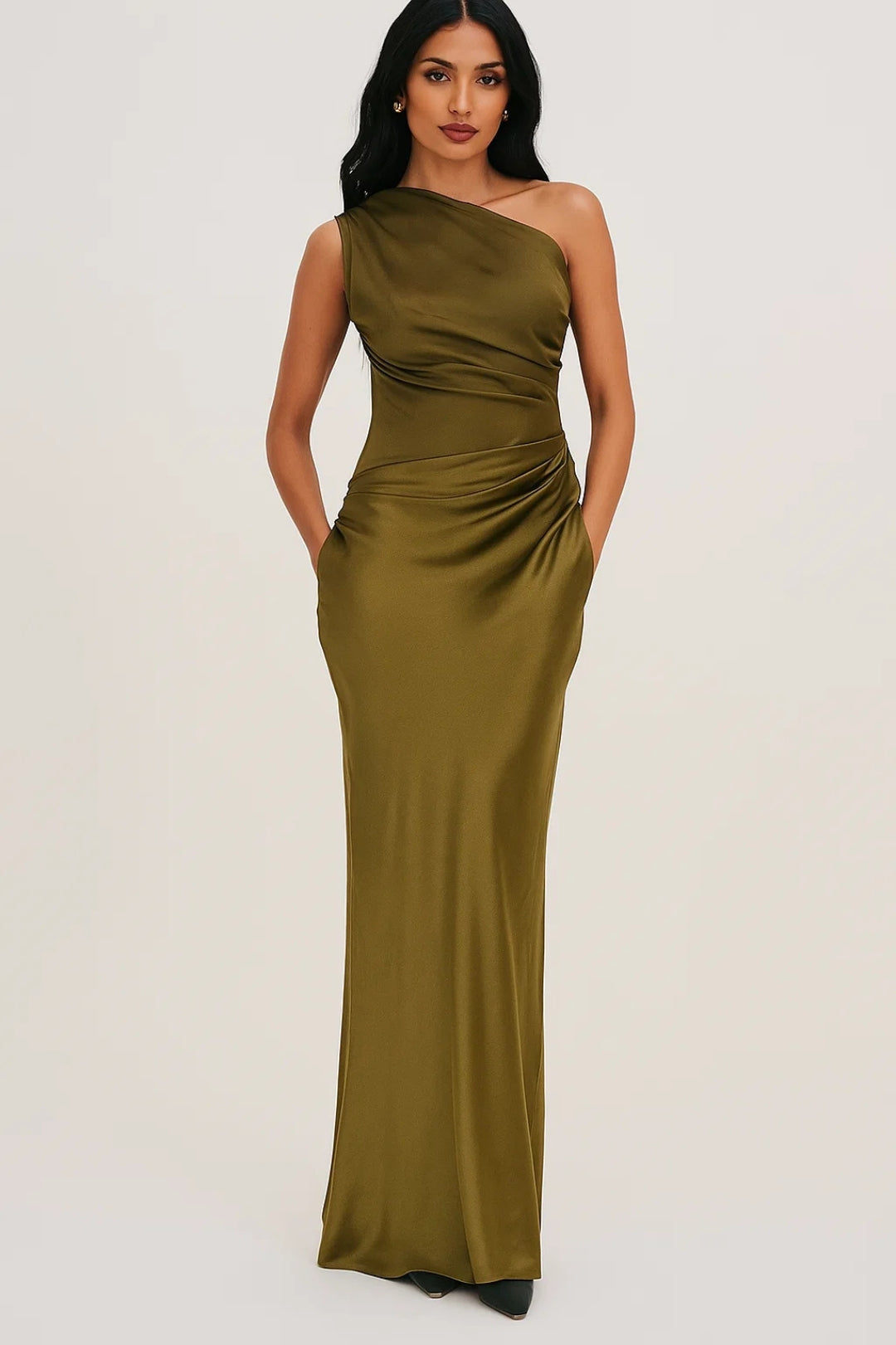 Asymmetric One-Shoulder Maxi Dress for Women with Smooth Fabric and Draped Waist Detail