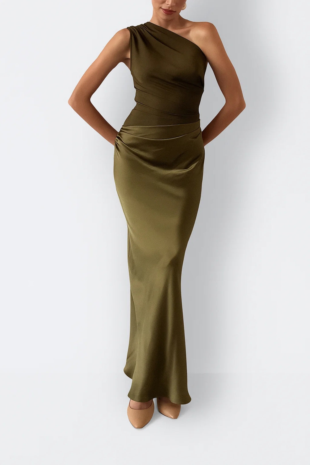 Women's Floor-Length One-Shoulder Dress with Draped Silhouette and Light Sheen Finish