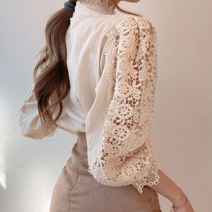 Women's lace blouse with long sleeves and high collar in regular fit