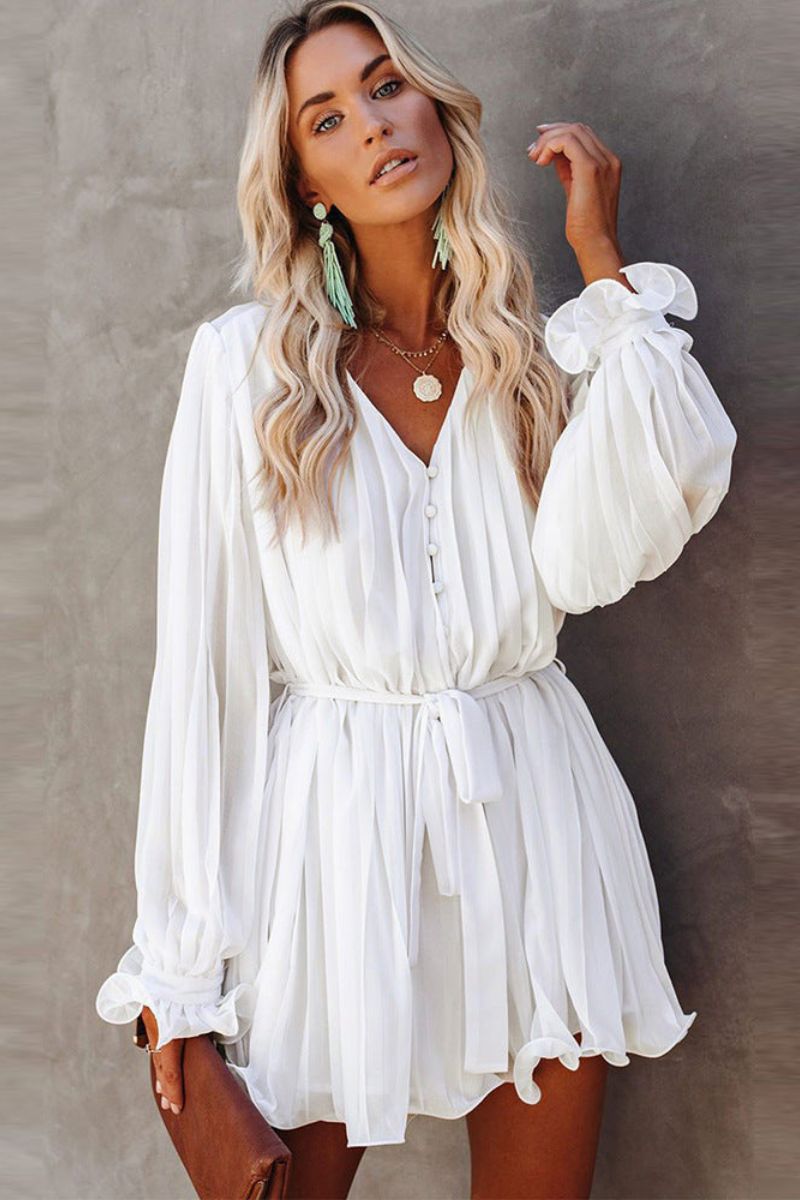Women's chiffon mini dress with tie belt, V-neckline, long sleeves with ruffled cuffs, and flared hem