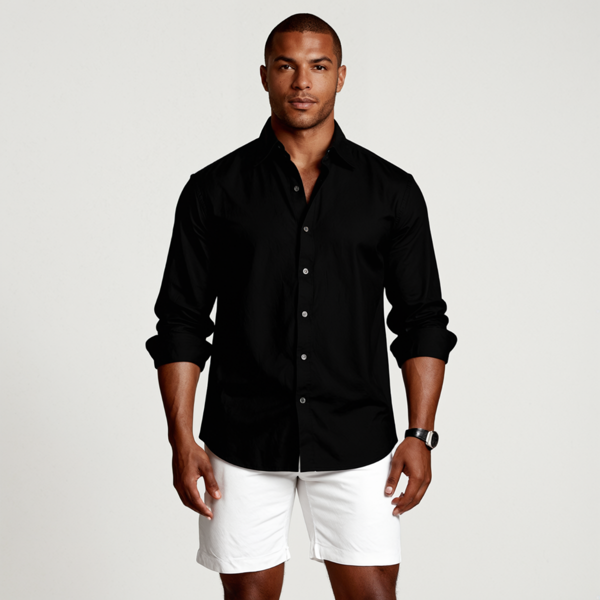 Men's linen shirt with button cuffs, rounded hem, and relaxed silhouette