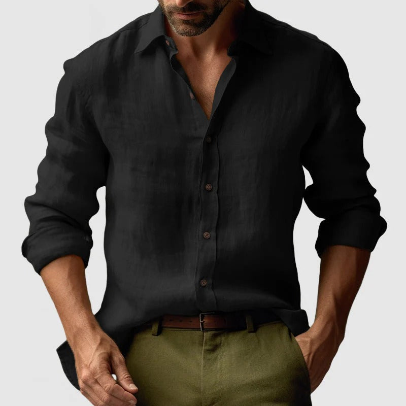 Men's linen shirt with front button closure and long sleeves, spring summer style