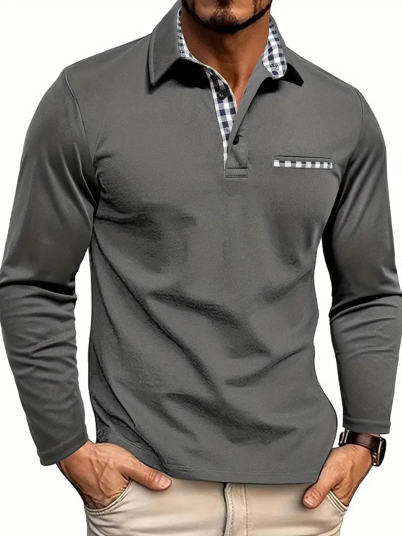 Long-sleeved men's polo shirt featuring a checkered collar, front button placket, and straight hem