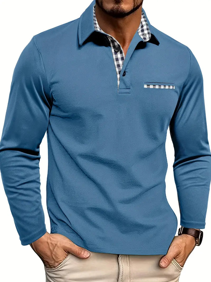 Men's knit polo shirt with long sleeves, classic checkered collar, and button placket closure