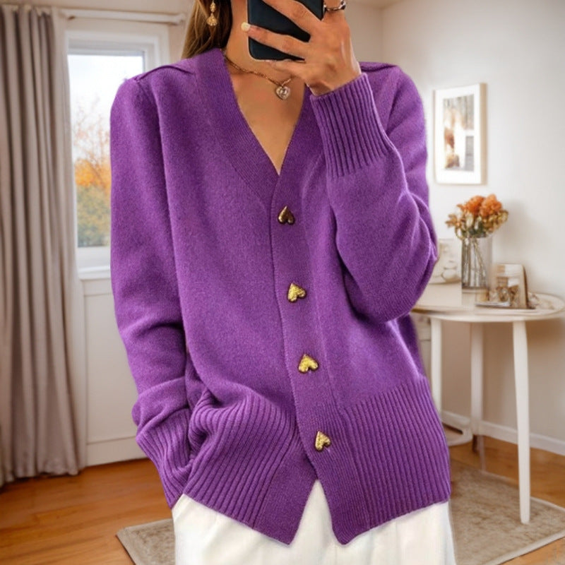 Women's button-up knitted cardigan with V-neckline and regular fit, full-length view