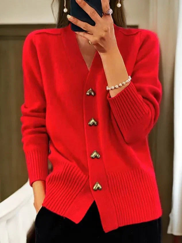 Women's regular-fit knitted cardigan with decorative buttons and ribbed collar detail