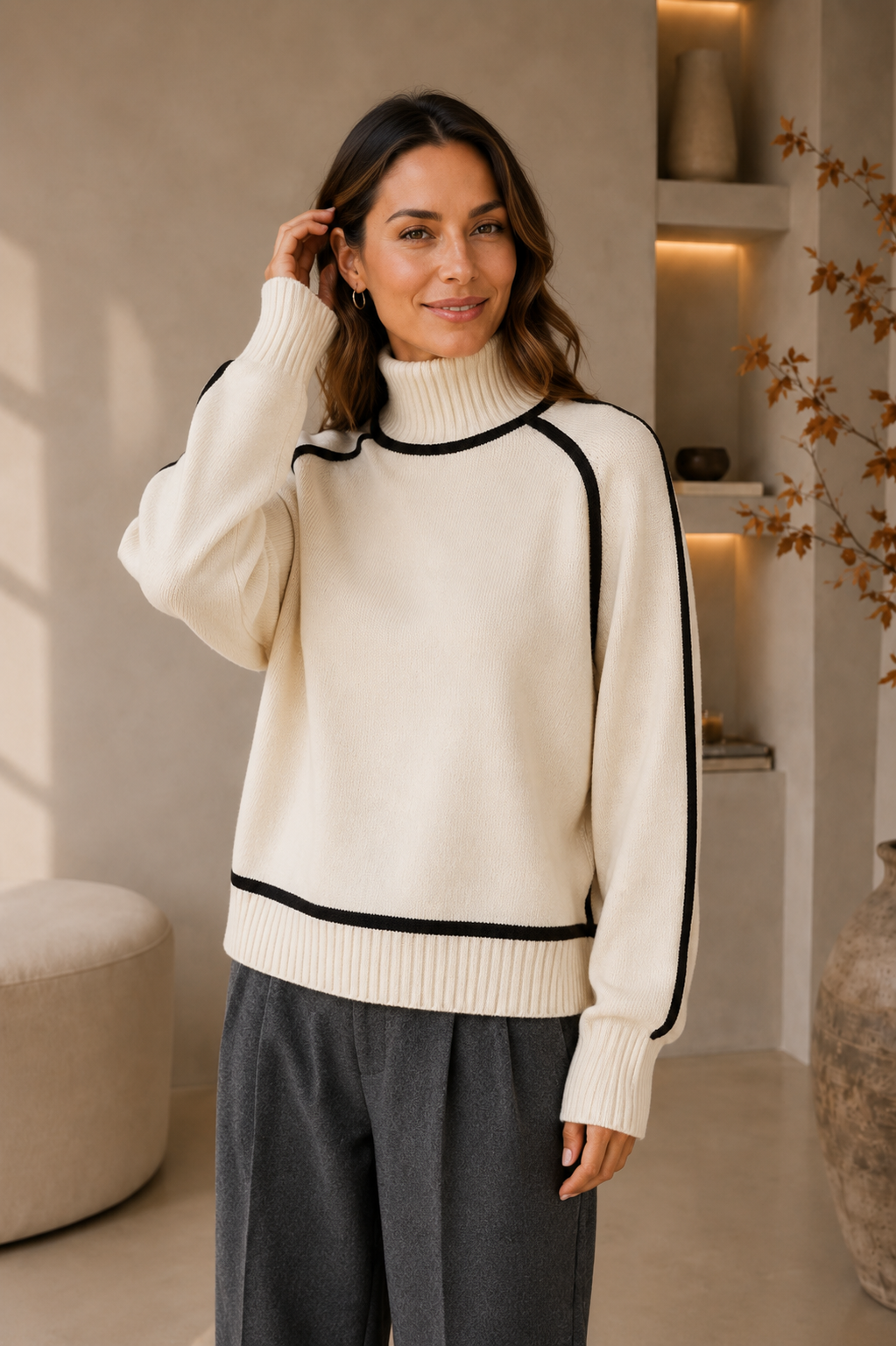 White oversized knit turtleneck sweater women