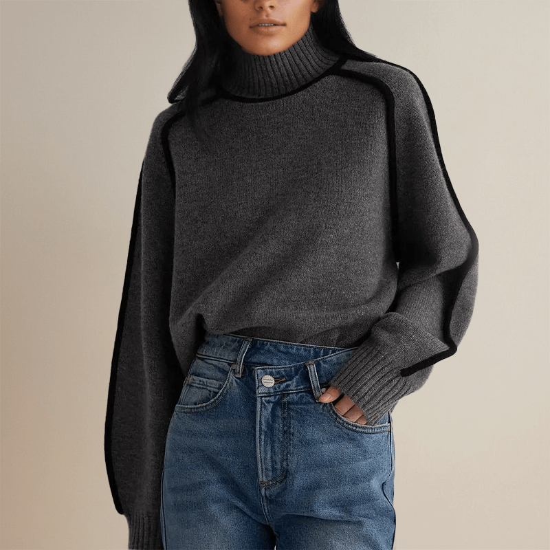 Women's cozy knit turtleneck sweater with contrast neck detail, styled full-length view